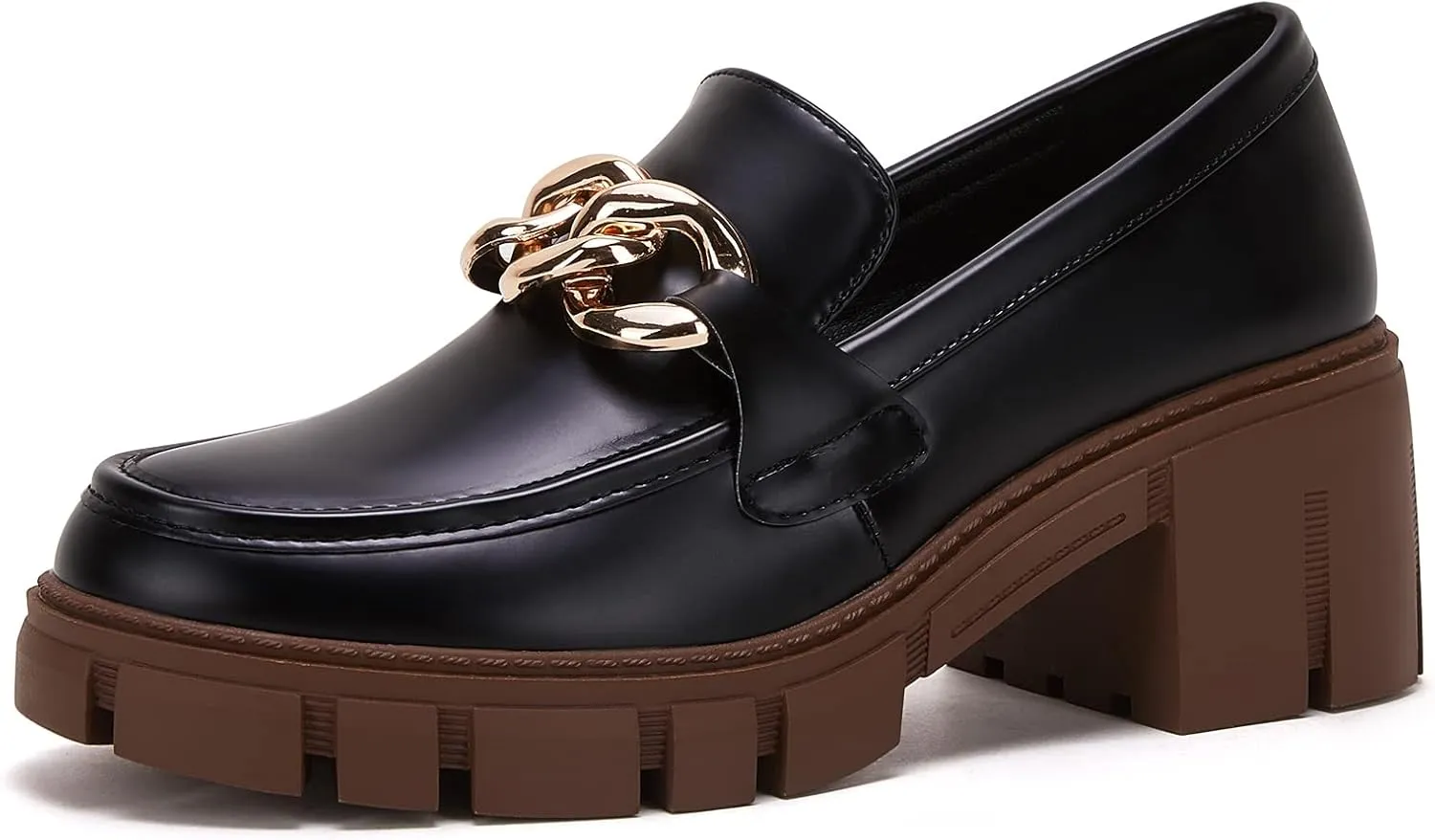 TINSTREE Platform Loafers for Women with Chain Comfort Chunky Heel Slip On Round Toe Business Work Shoes