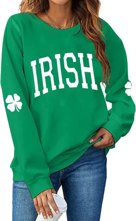 Women St. Patrick's Day Sweatshirts Shamrock Clover Print Shirts Casual Irish Gift Long Sleeve Loose Fit Tops
