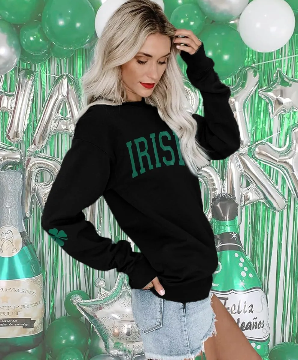 Women St. Patrick's Day Sweatshirts Shamrock Clover Print Shirts Casual Irish Gift Long Sleeve Loose Fit Tops