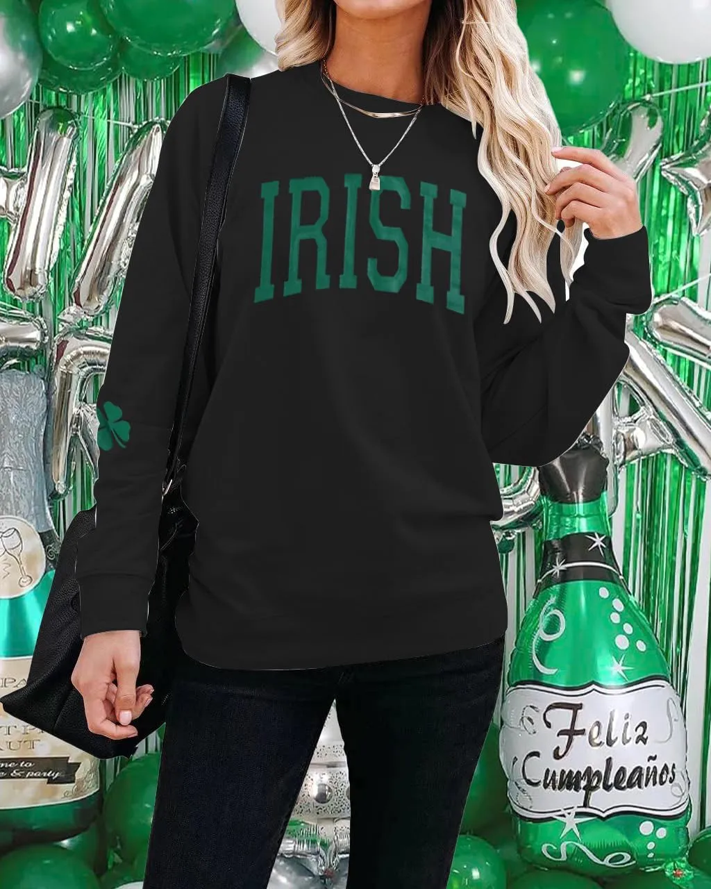Women St. Patrick's Day Sweatshirts Shamrock Clover Print Shirts Casual Irish Gift Long Sleeve Loose Fit Tops