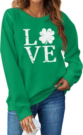Women St. Patrick's Day Sweatshirts Shamrock Clover Print Shirts Casual Irish Gift Long Sleeve Loose Fit Tops