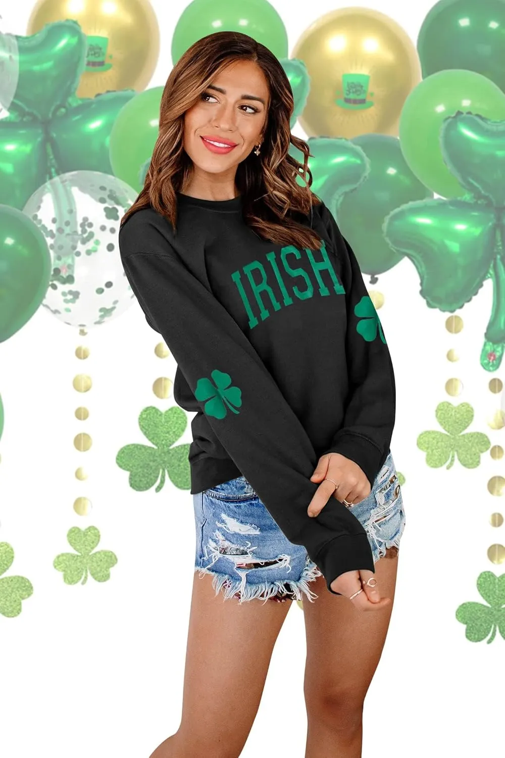 Women St. Patrick's Day Sweatshirts Shamrock Clover Print Shirts Casual Irish Gift Long Sleeve Loose Fit Tops