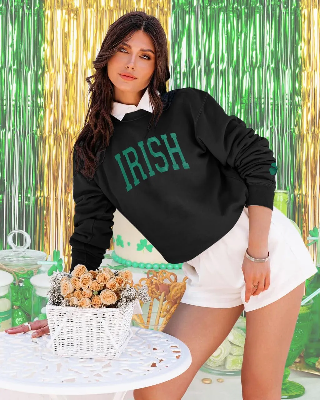 Women St. Patrick's Day Sweatshirts Shamrock Clover Print Shirts Casual Irish Gift Long Sleeve Loose Fit Tops