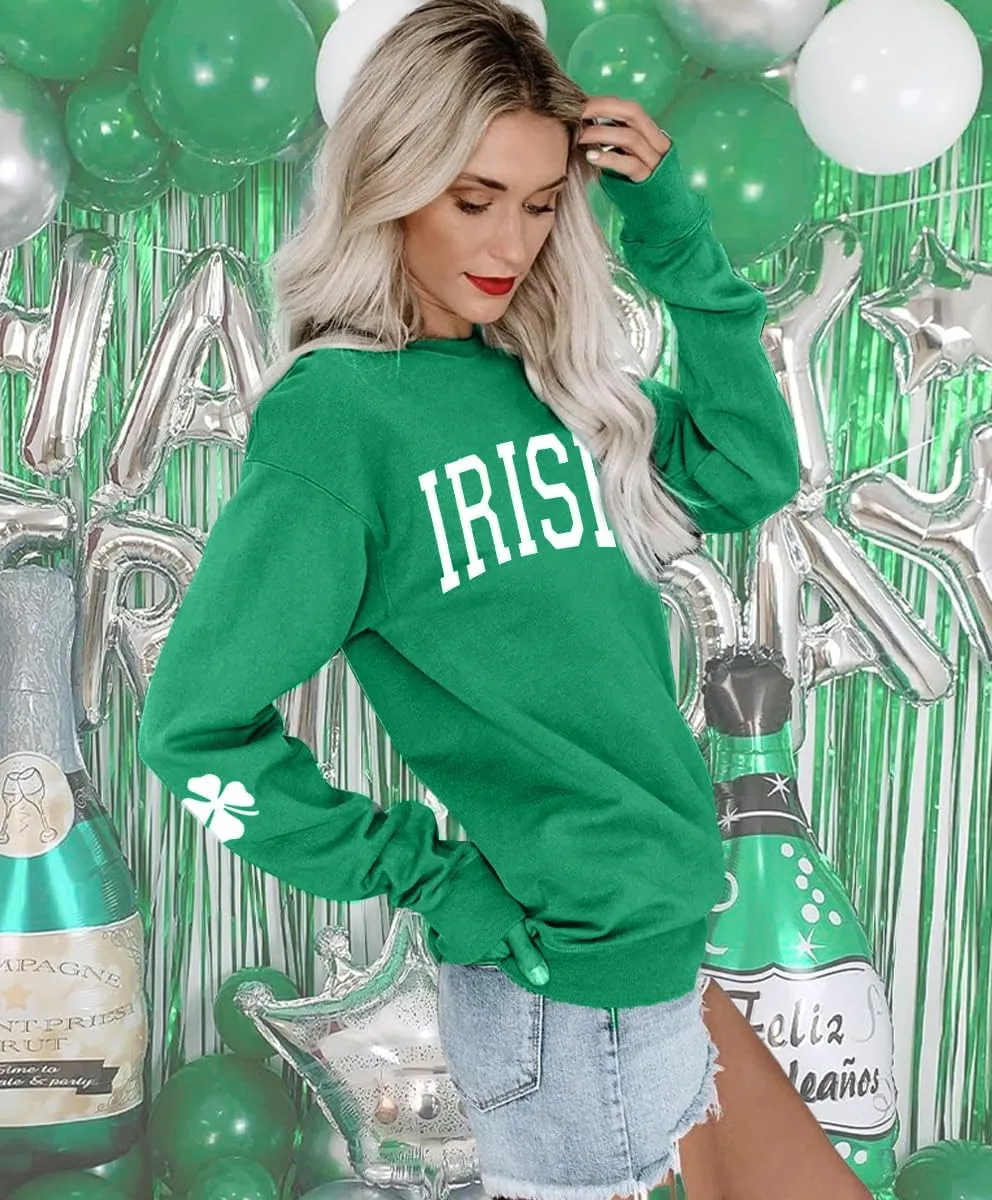 Women St. Patrick's Day Sweatshirts Shamrock Clover Print Shirts Casual Irish Gift Long Sleeve Loose Fit Tops
