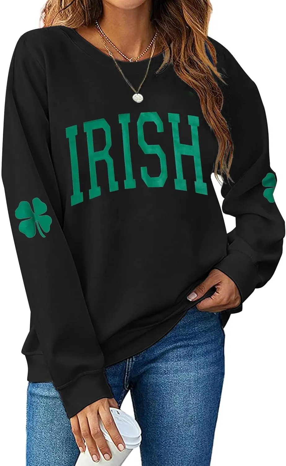 Women St. Patrick's Day Sweatshirts Shamrock Clover Print Shirts Casual Irish Gift Long Sleeve Loose Fit Tops