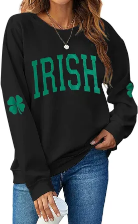 Women St. Patrick's Day Sweatshirts Shamrock Clover Print Shirts Casual Irish Gift Long Sleeve Loose Fit Tops