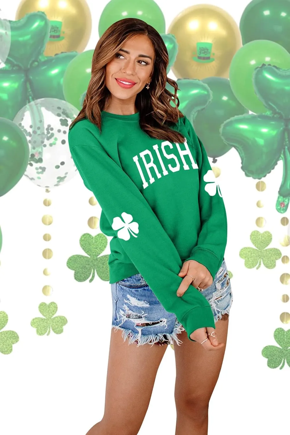 Women St. Patrick's Day Sweatshirts Shamrock Clover Print Shirts Casual Irish Gift Long Sleeve Loose Fit Tops