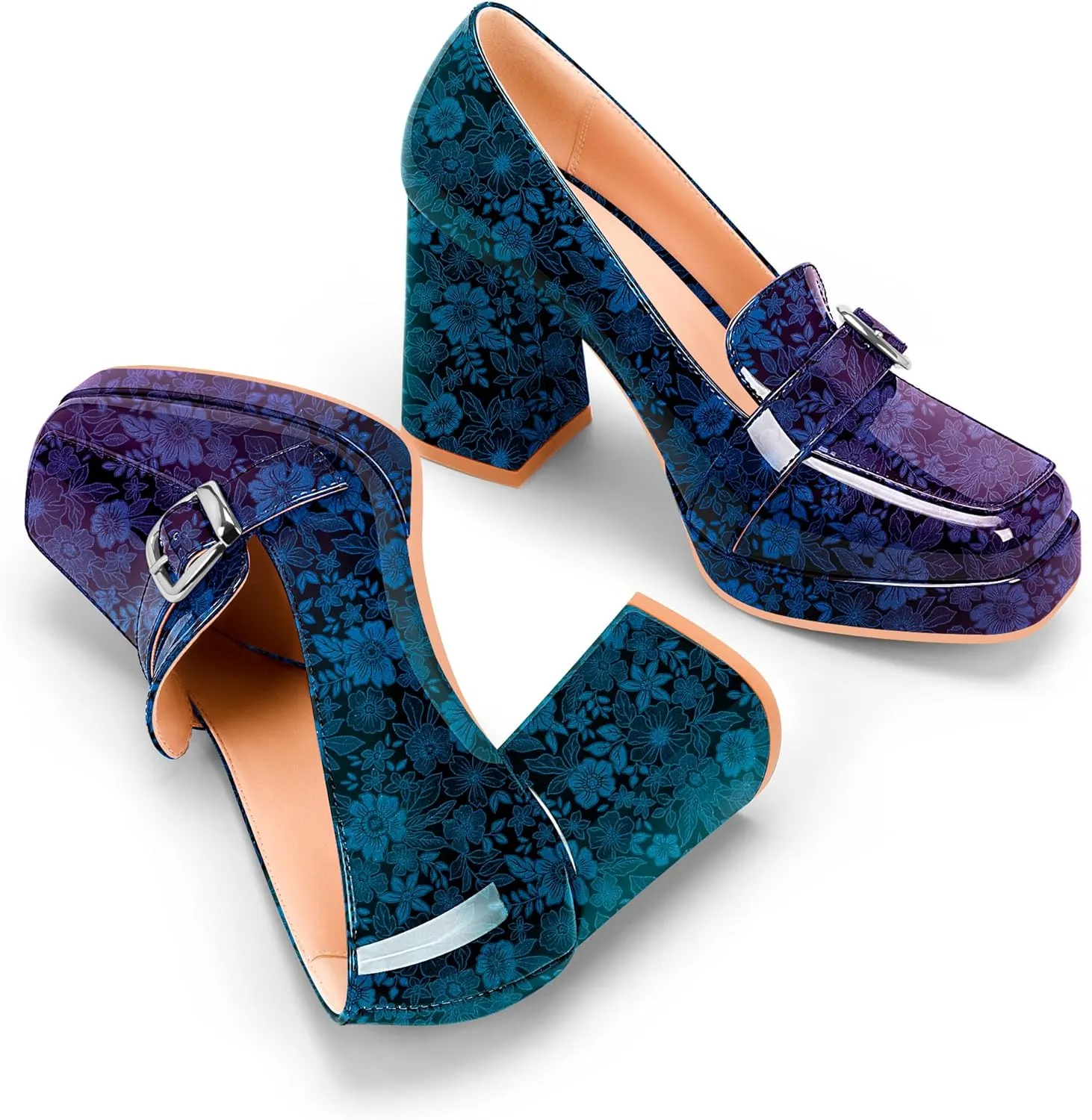 Women's Platform Chunky High Heel Loafers Patent Leather Buckle Pumps Office Dress Shoes