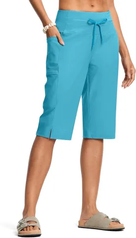 Women's Swim Capris Pants 15" High Waist Tummy Control Quick Dry UPF 50  Long Board Shorts with Liner and Pockets